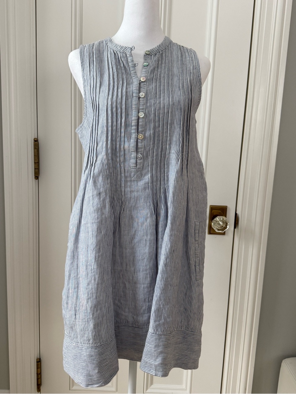 Faherty Blue and White Striped Sleeveless Linen Shirt Dress